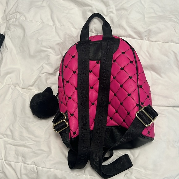 Luv Betsey Johnson Ador Mini Backpack Hot Pink Black Quilted Embroidered Hearts - Picture 8 of 9